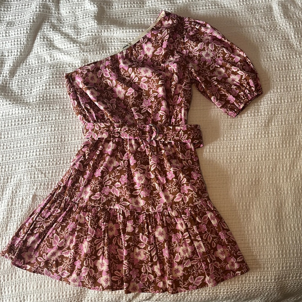 Jason Wu One Shoulder Puff Sleeve Floral Belted Mini Dress Pink Tan